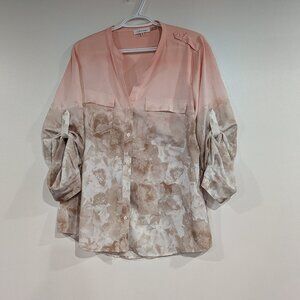 Calvin Klein Button Down Top with Rolled Sleeves Pink Beige Cream Size XL